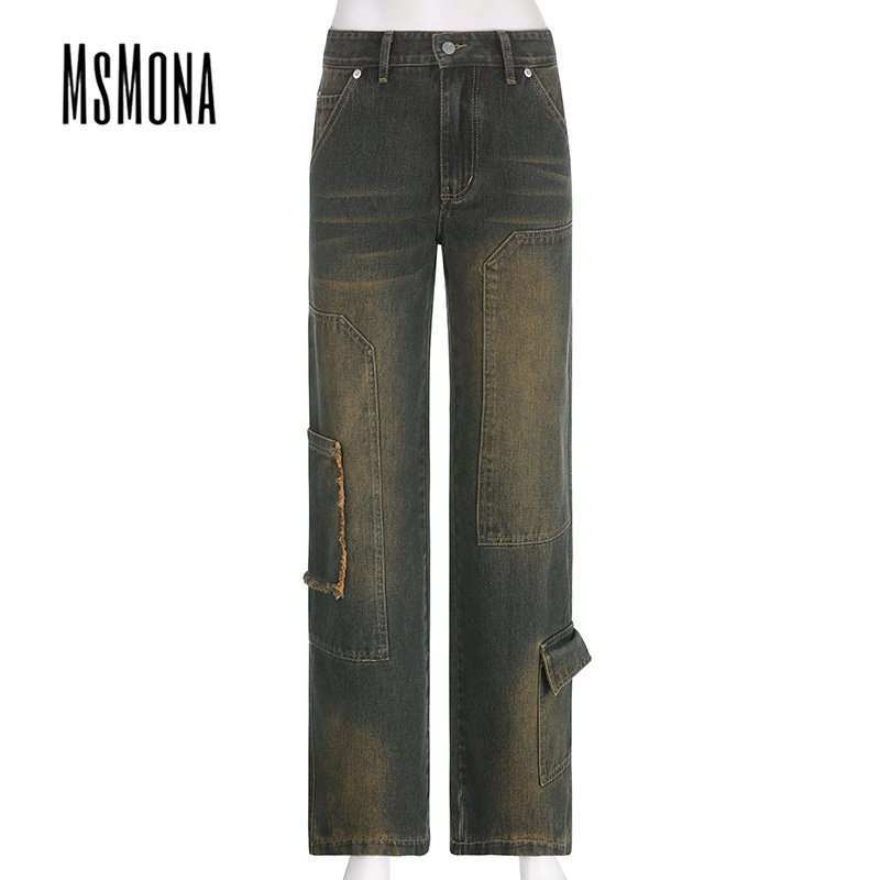 MsMona Quần Jean Ống Đứng Lưng Cao Phối Túi Thời Trang Đường Phố 2023 Cho Nữ