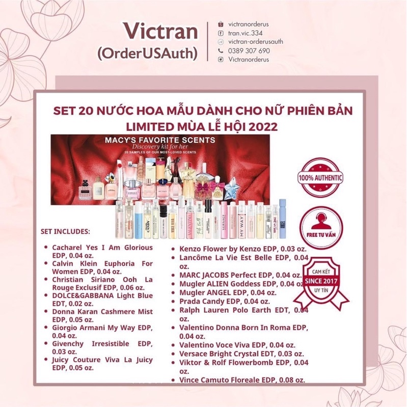 (BILL US) - SET nước hoa NỮ 20 ống phiên bản limited mùa lễ hội 2022 created for Macys