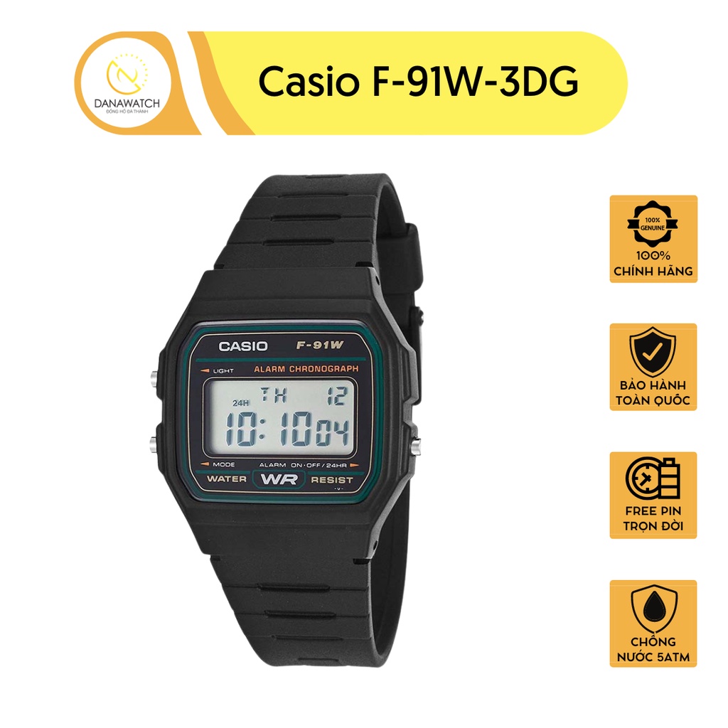 Đồng hồ nam Casio F-91W-3DG chống nước cao cấp công nghệ màn hình EL Backlight chắc chắn