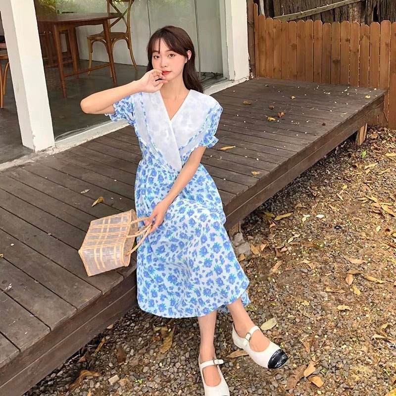 Đầm XINLANYASHE dáng dài ôm eo tay phồng họa tiết hoa phong cách Hàn Quốc thời trang 2023 mới dành cho bạn nữ