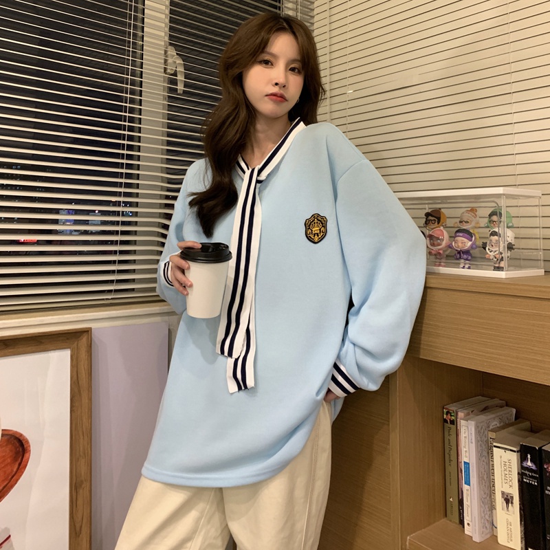 Áo Nỉ Dài Trung Bình Dáng Rộng Thắt Cà Vạt Phong Cách Đại Học Mùa Thu