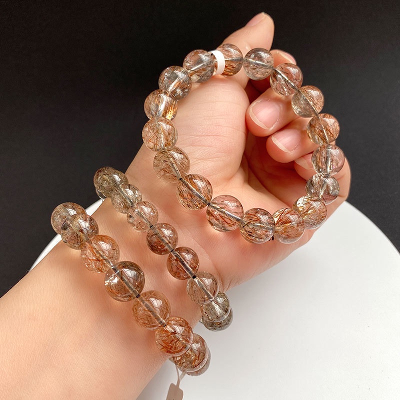 Ice Yingge Vòng Tay Pha Lê Tự Nhiên Màu Vàng Đen Siêu Bảy Hạt Mica Hai Đầu Hình Xương Cá