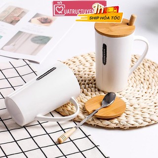 Cốc sứ trắng 400ml nắp gỗ thông điệp tiếng anh ý nghĩa