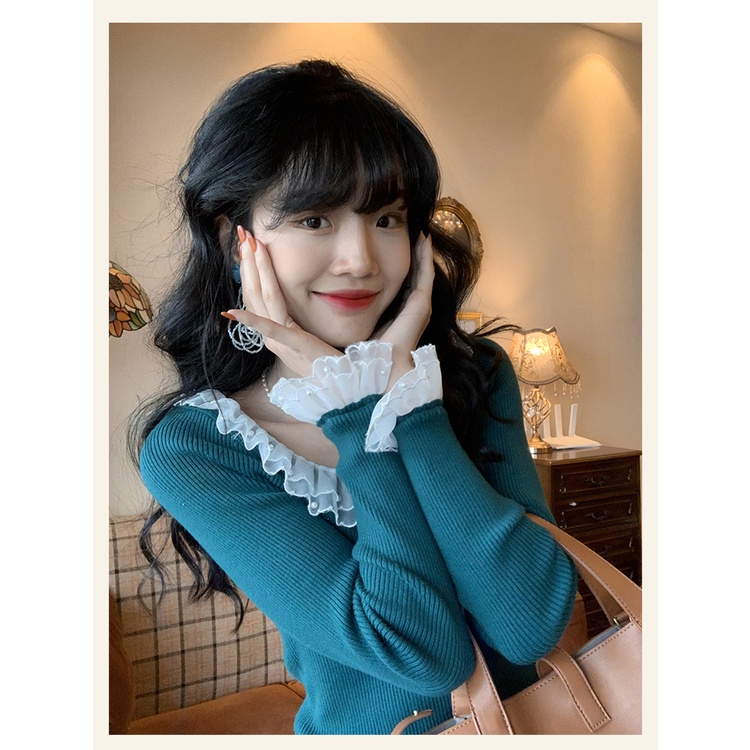 Áo dệt kim ZHELIHANGFEI tay dài cổ phối ren nhấn eo phong cách cổ điển thời trang