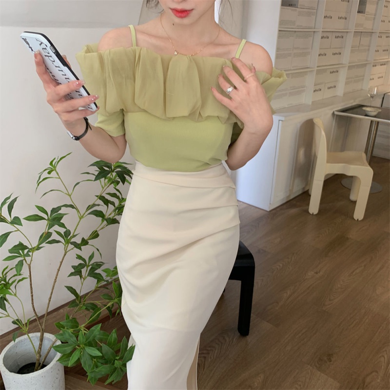 Áo dây áo bẹt vai áo trễ vai Áo Chiffon Trễ Vai Nhún Bèo Dáng Ngắn Thời Trang Cho Nữ