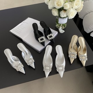  Influencer Cùng Phong Cách Mũi Nhọn Stiletto Gót Hạ Miệng bling Kim Loại Vuông Khóa Giày Cao Gót Baotou Nửa Dép Nữ 20 