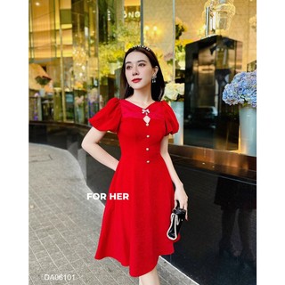 Đầm nơ ngực nút ngọc trơn tay ngắn phồng tiểu thư phong cách Hàn Quốc DA0610