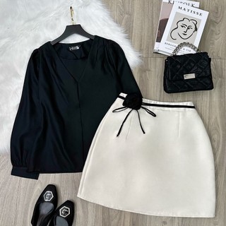 Set nữ bigsize,set áo sơ mi tay dài bông eo kèm chân váy chữ a màu dễ phối thanh lịch