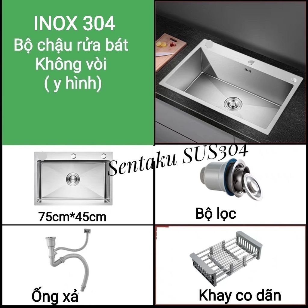 Chậu rửa bát Một hố INOX SUS 304 SRV68*45  Đúc Liền Khối Dày 3mm Bảo hành 3 Năm - Sentaku