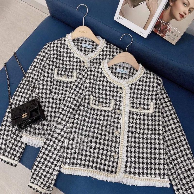 Áo khoác dạ kẻ ziczac viền ngọc xếp bèo trắng bigsize 60-90kg