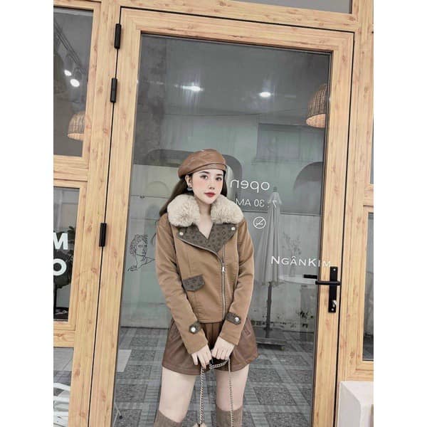 Áo khoác da nữ cổ lông họa tiết LV cao cấp SHOPSIEURE88
