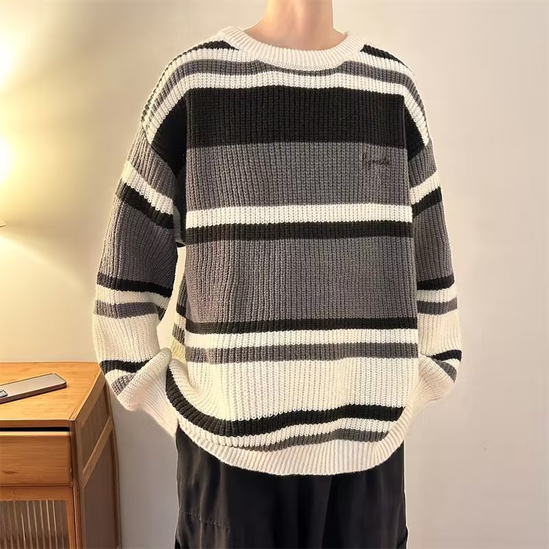 Áo Sweater Dệt Kim Tay Dài Cổ Tròn Họa Tiết Kẻ Sọc Thời Trang Thu Đông 2022 Cho Nam