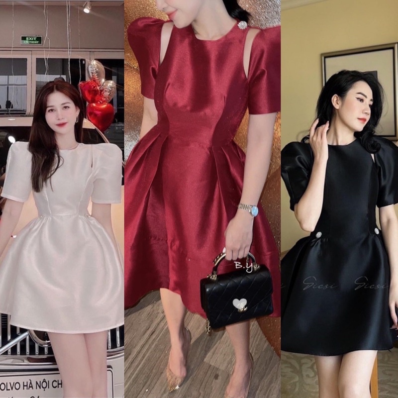 Đầm trắng đen khoét vai đính đá hoa