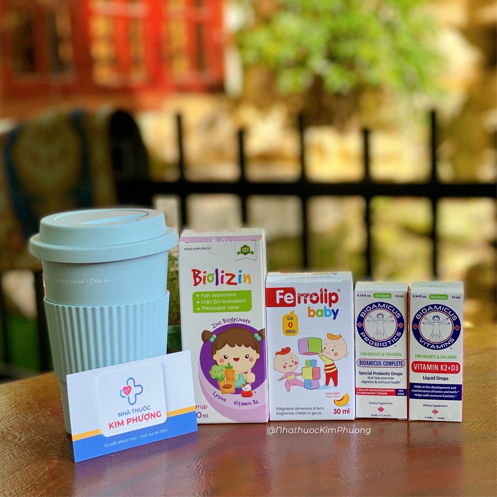 Combo Vitamin D3 K2 Mk7 Bioamicus Giúp Bé Hấp Thu Canxi Lọ 10ml Canada, kẽm biolizin, sắt ferrolip, men 10 chủng