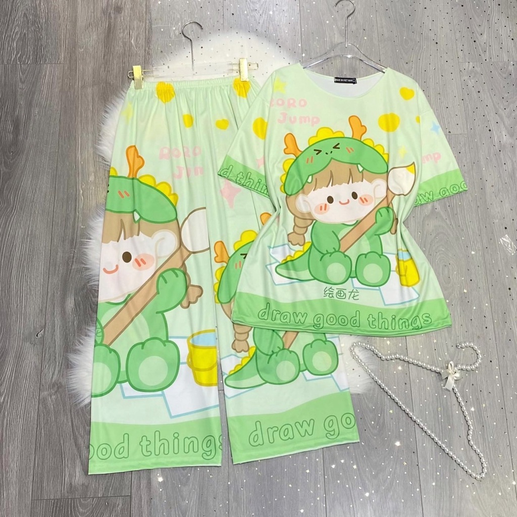 Set áo quần ống rộng mặc ở nhà hoạ tiết hoạt hình dễ thương chất thun thái thoáng mát SIB155