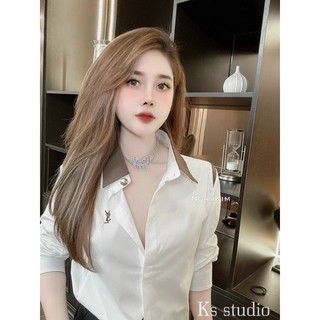 Sơ mi thêu chữ pha viền cổ