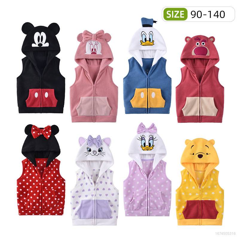 Áo Khoác Có Nón Không Tay Có Khóa Kéo Hình Winnie the Pooh Mickey Minnie Phong Cách Thu Đông Ấm Áp Dành Cho Bé Trai Bé Gái Hoạt Hình