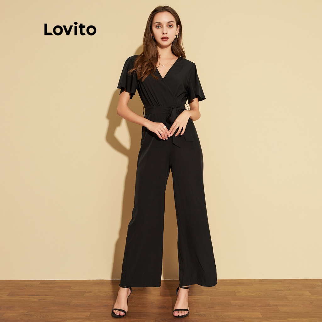 Áo liền quần Lovito màu trơn tay cánh bướm kiểu dáng tinh tế phong cách thanh lịch L25ED086 (màu đen)