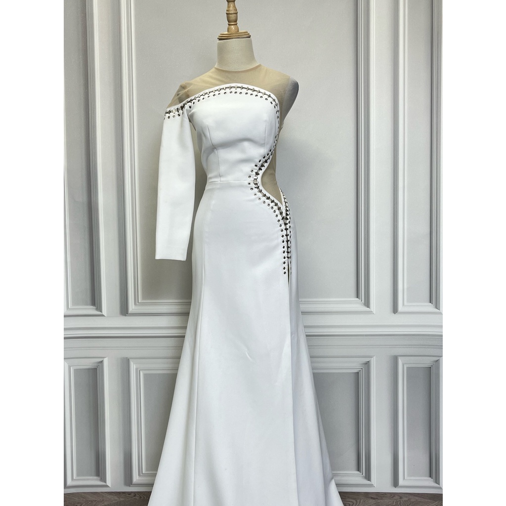 V1569 Váy THIẾT KẾ DẠ TIỆC CAO CẤP Hàng hiệu chính hãng thời trang nữ màu trắng freesize Secondhand thanh lý ký gửi