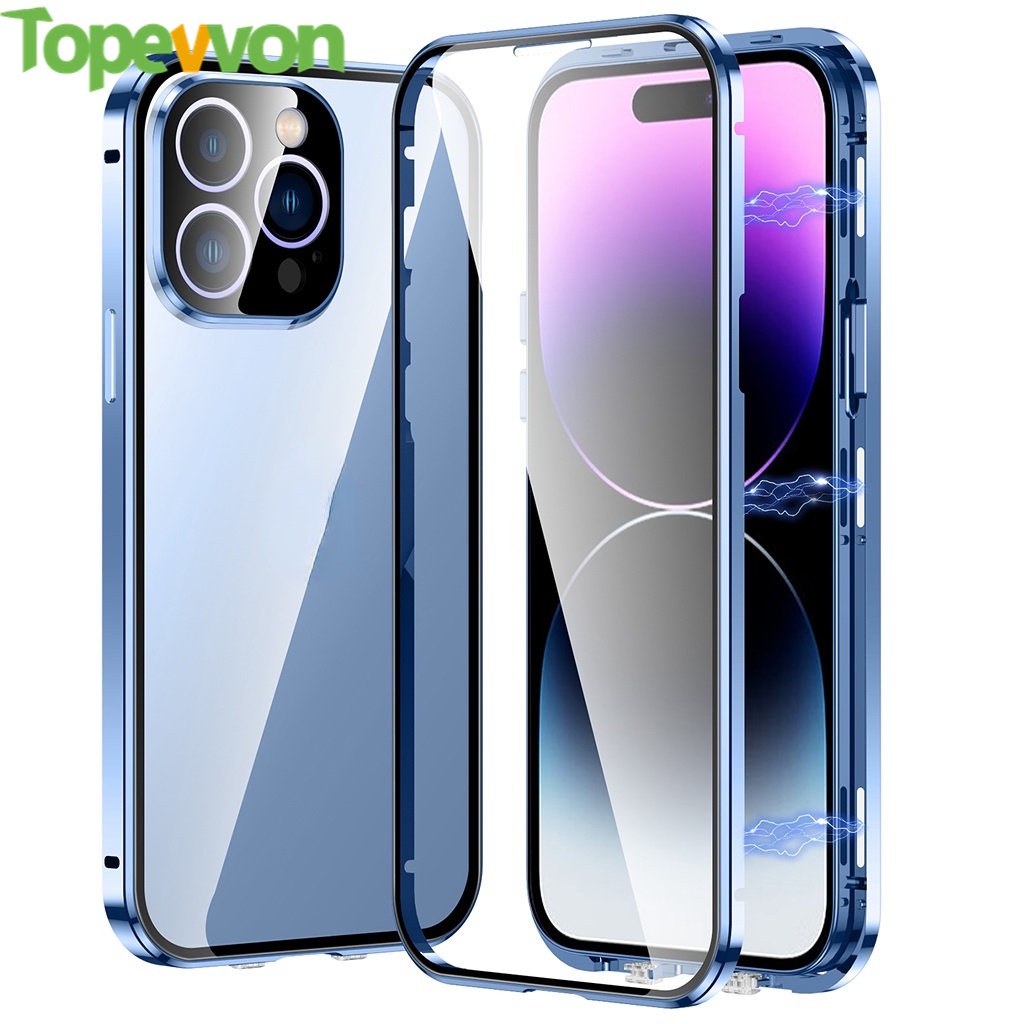 360° Ốp Điện Thoại Kính Cường Lực Hai Mặt Viền Kim Loại Nam Châm Cho iPhone 11 12 13 Pro Max