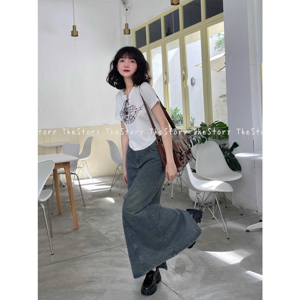 Chân váy jean dáng dài có 2 đường chéo ở giữa  CV367
