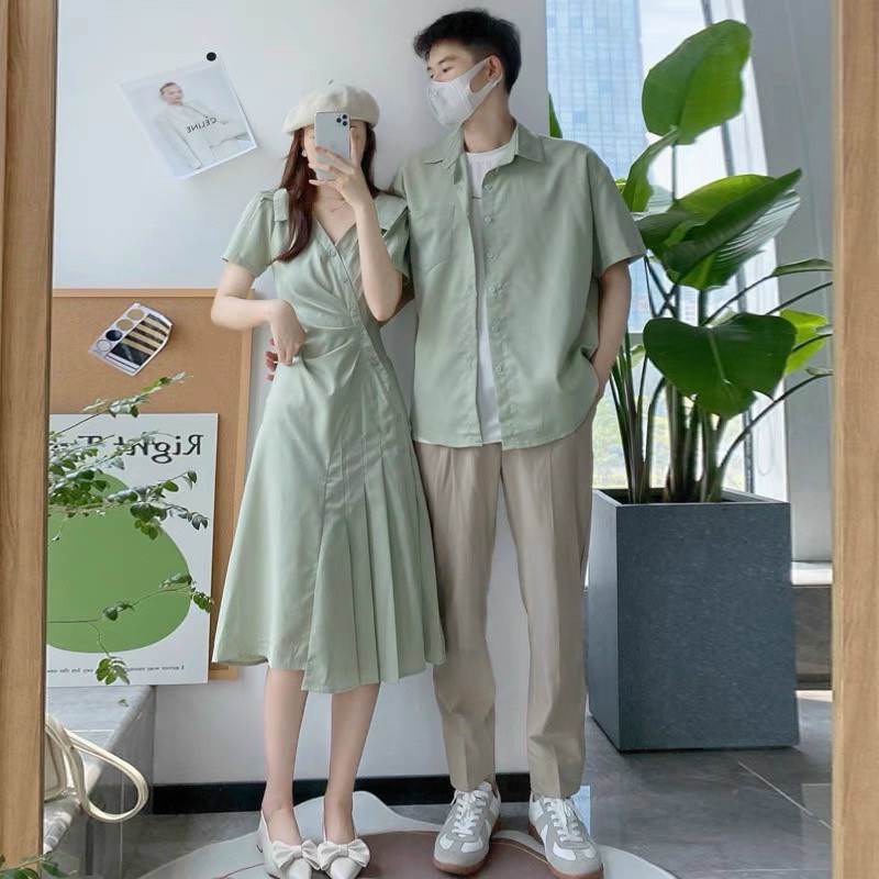 Đồ đôi nam nữ đẹp đi tiệc, đi chơi, đi biển, chụp hình cưới : bao gồm áo + váy sơ mi Hàn Quốc dáng dài