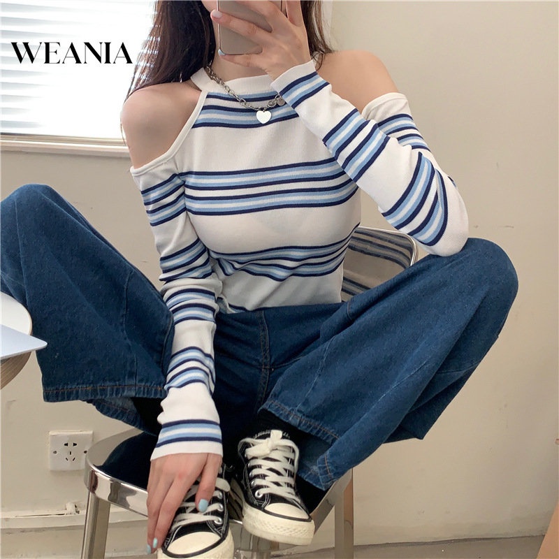 Áo Thun Dệt Kim Tay Dài Hở Vai In Họa Tiết Kẻ Sọc Cho Nữ