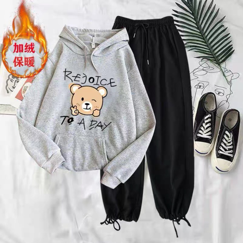 Sét bộ áo hoodie mũ Gấu nâu +quần bom chun, Áo nỉ chất đẹp from rộng, không xù, thiết kế bo gấu trắng cá tính - FANI
