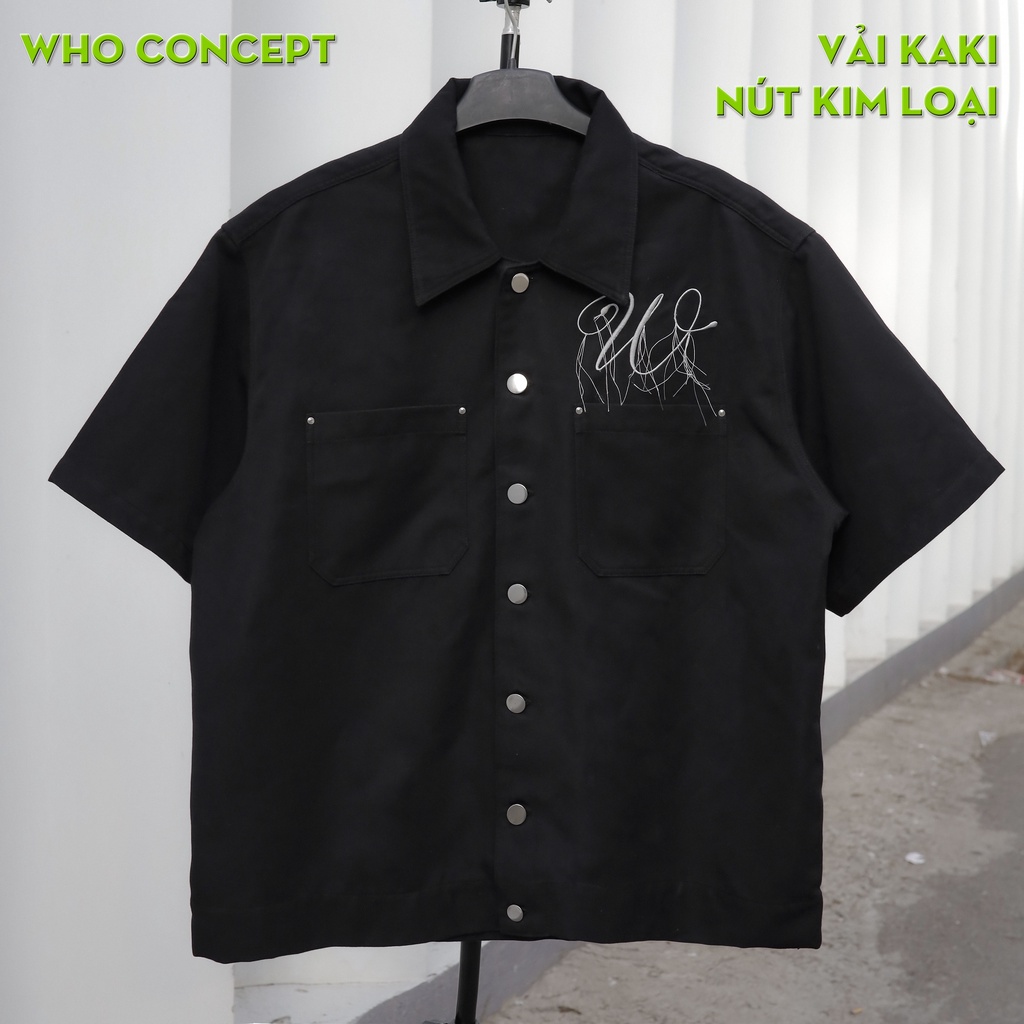 Áo sơ mi tay ngắn WHO CONCEPT, sơ mi boxy màu đen, nút kim loại