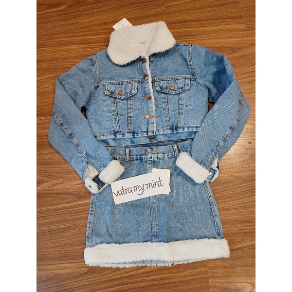 VIDEO-ẢNH THẬT Set Áo Khoác và Chân Váy Jeans Chần Bông