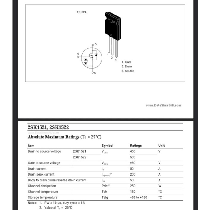 2 cái Mosfet K1522 50A 500V  Hitchi tháo máy Nhật