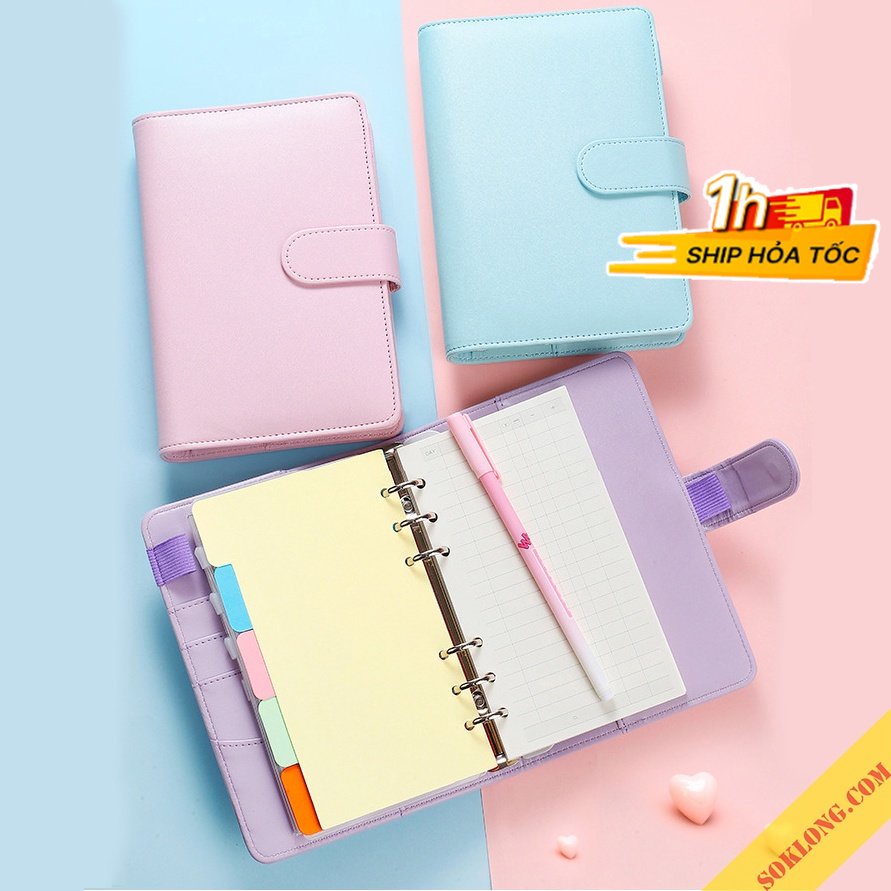 Sổ còng A6 bìa da Pastel full phụ kiện ruột tài chính S09 kèm tab phân trang, túi zip binder, bút viết