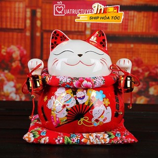 Mèo thần tài may mắn Quạt kim vận chiêu tài 25cm giơ 2 tay chuông vàng, quà tặng ngày thần tài