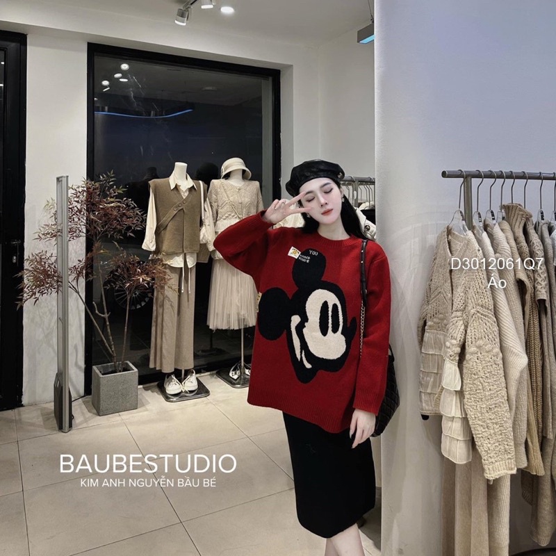 Áo len đỏ phối hình mickey hàng chuẩn