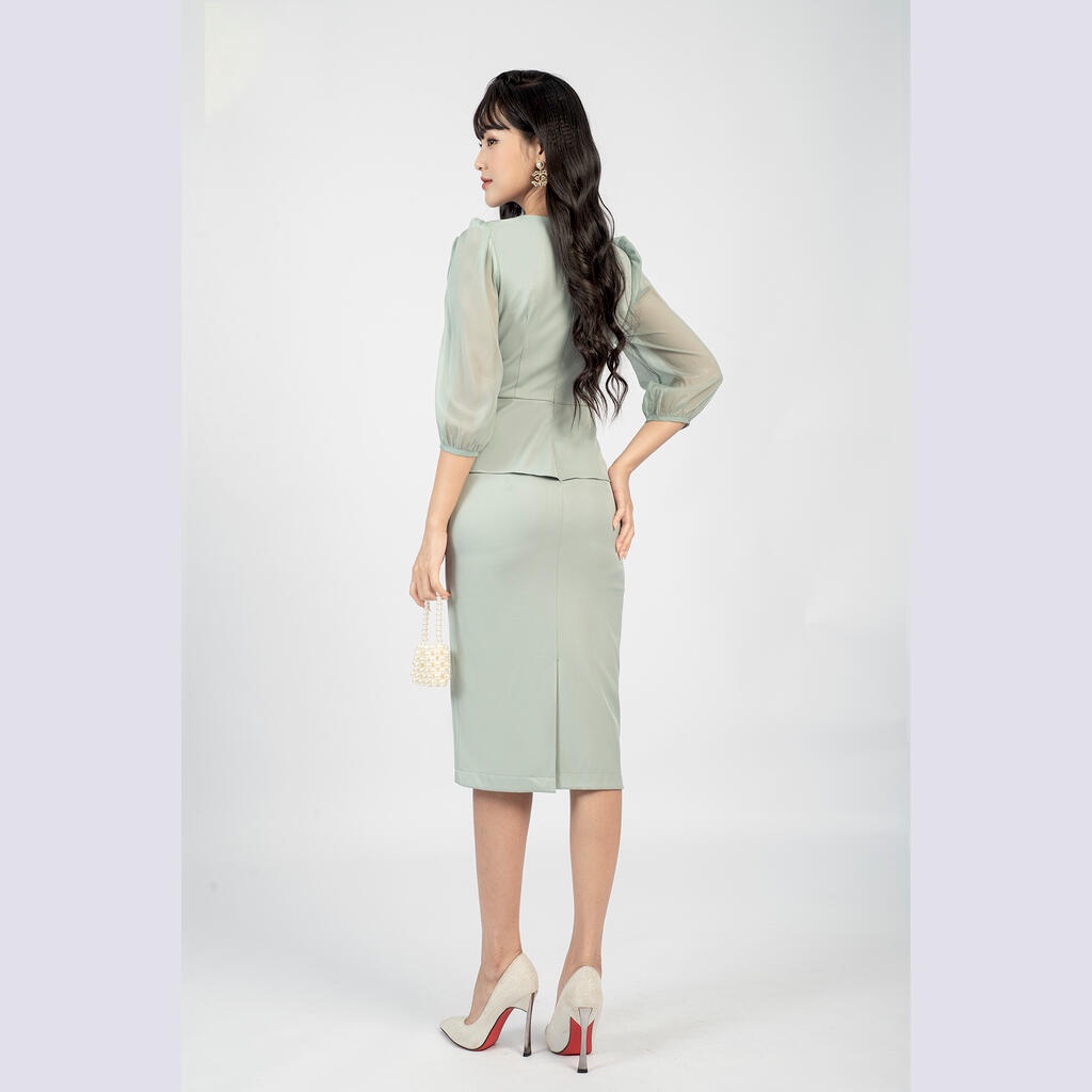 Đầm dáng bút chì, tà peplum, tay dài phối voan MMOutfit DA0222435