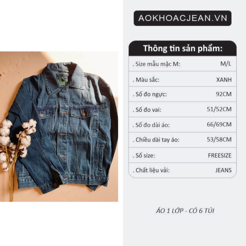 Áo Khoác Jean bò nam unisex Xanh Vintage Rêu Hàn quốc dành cho nam nữ , áo có 6 túi có túi trong