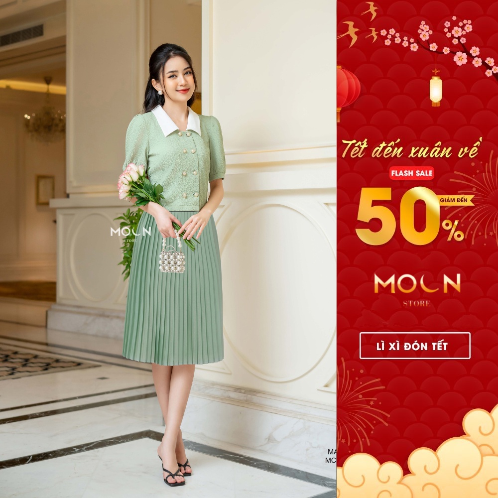 Set váy áo công sở thiết kế độc quyền MOON áo croptop cổ ve, chân váy midi xòe lưng cao sang chảnh MA156