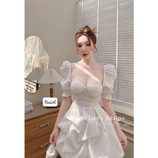 Đầm tay phồng cúp ngực đính đá.