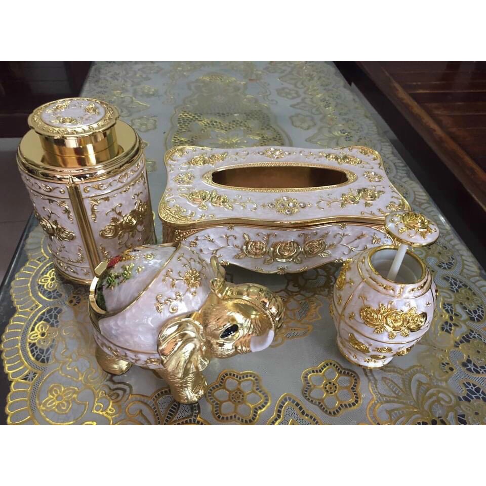 Bộ 4 món Hoàng Gia, hộp trà, lọ tăm, khay đựng giấy, gạt tàn voi, chất liệu hợp kim cao cấp
