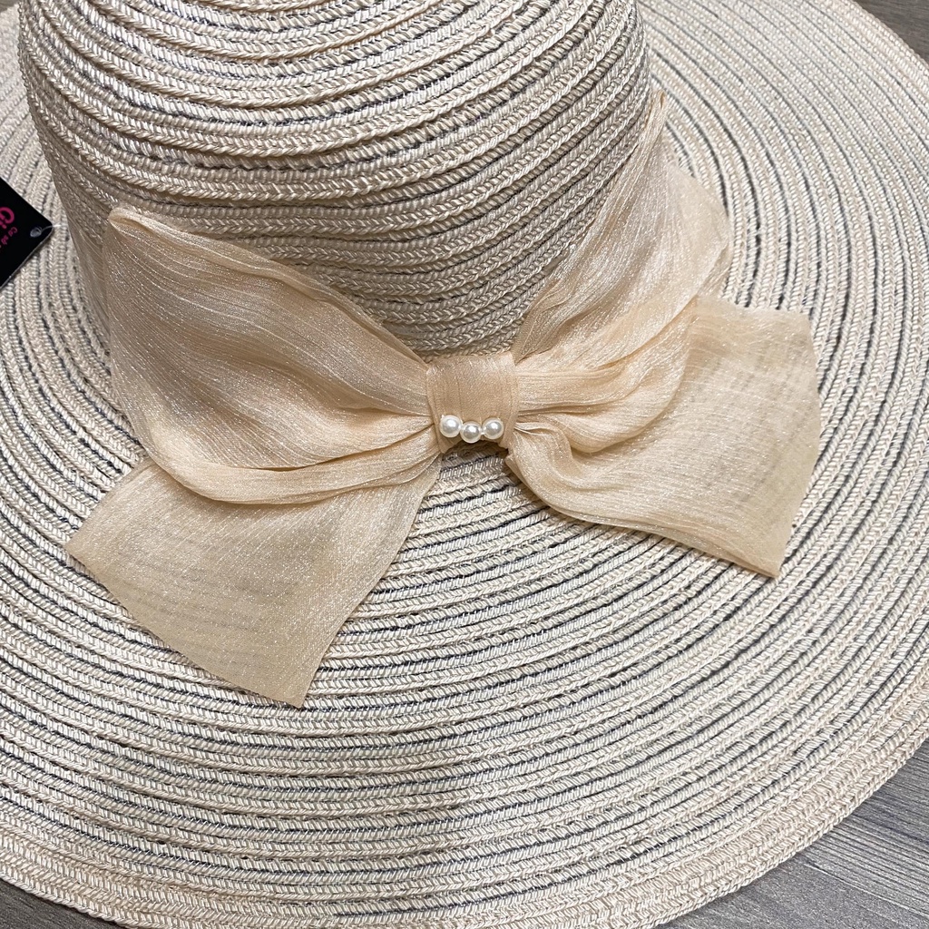 Nón mũ cói đi biển vành rộng phối nơ voan đính ngọc nhiều màu cực đẹp - NN8