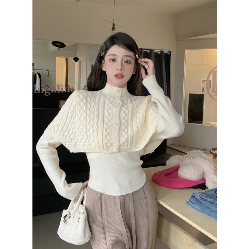 Porozi  Áo Len Dài Tay Cổ Cao Kèm Áo Choàng Dệt Kim Thời Trang Dành Cho Nữ