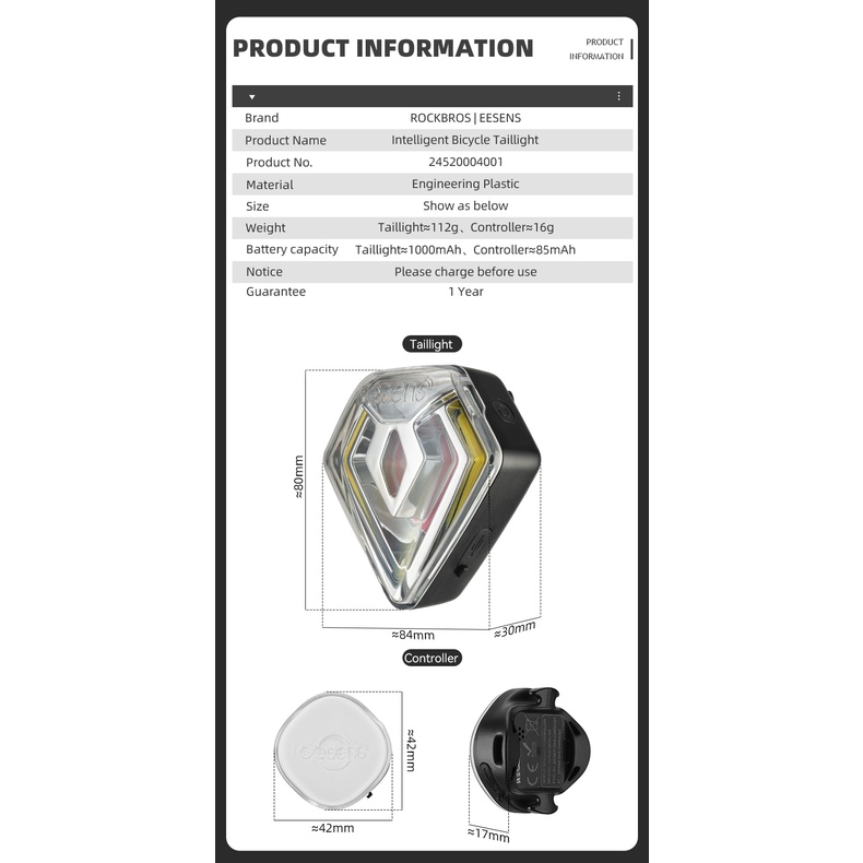 Rockbros Đèn Đuôi Xe Đạp Điều Khiển Từ Xa Không Dây 1000 Mah Chống Nước Ipx7 Chống Sốc Sạc Lại Type C