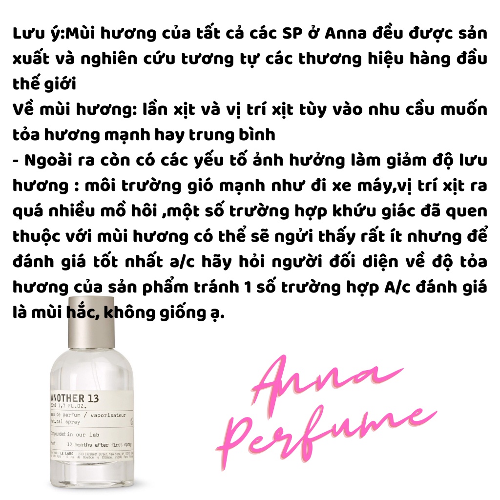 Nước Hoa Nam Nữ Unisex Lelabo A13 Nước Hoa Chiết Thơm Lâu 10ml 20ml Anna Perfume