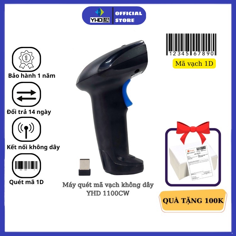 Máy bắn mã vạch không dây YHD 1100CW 1D, Máy quét mã vạch Barcode (bảo hành 12 tháng) 🎁tặng giấy in