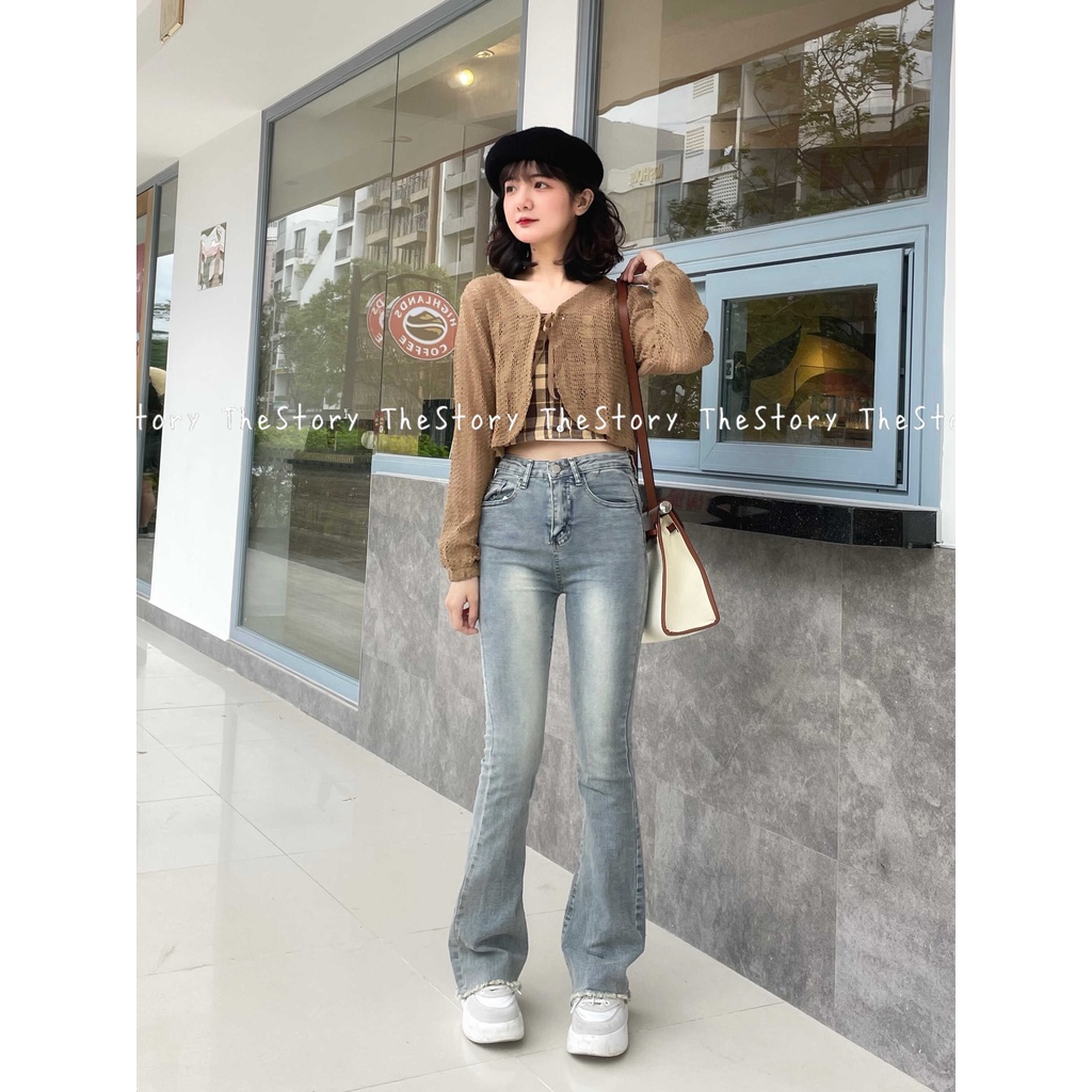 Quần jean dài ống loe tua rua gấu  Q854