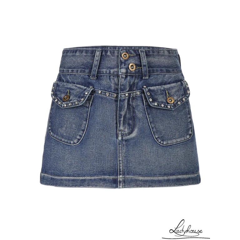 Chân Váy Jeans Ngắn Lưng Cao Đính Đá Thời Trang Cho Nữ