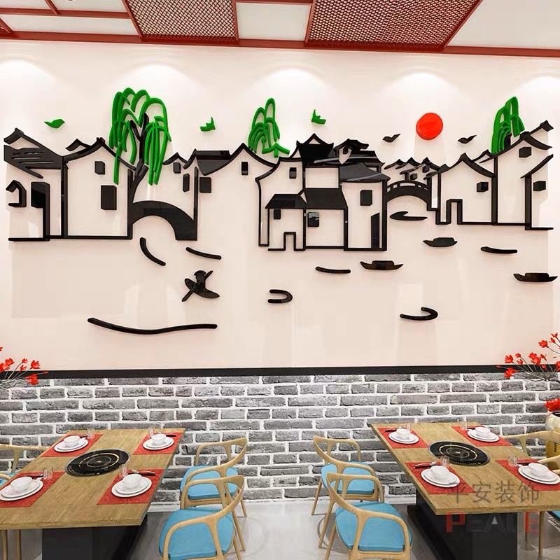 Tranh dán tường mica dán nổi làng cổ, đồng quê trang trí phòng trà, khách, nhà hàng, quán ăn, cafe, trà sữa