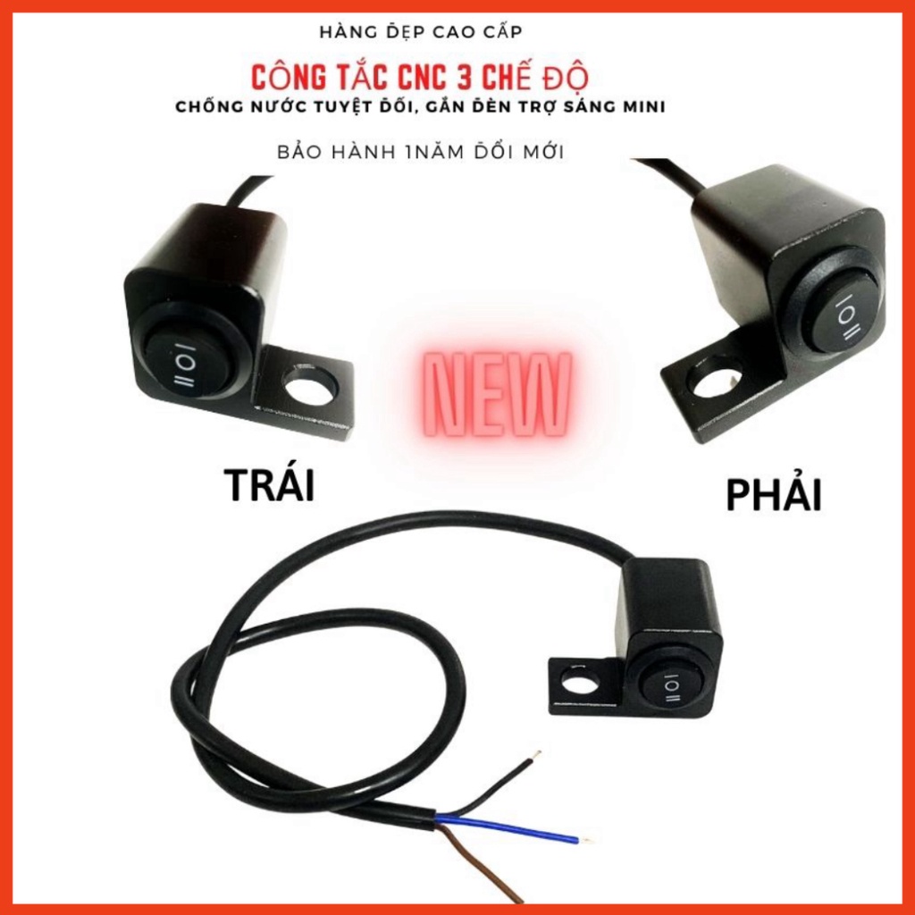 Công Tắc Đèn Trợ Sáng 3 Chế Độ Nhôm CNC Chống Nước Gắn Chân Gương Có dây dài 60cm