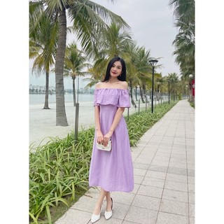 [V213] Váy trễ vai chiết ly buộc eo