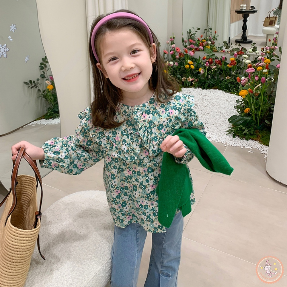 Bộ 2 Món Áo Sơ Mi Tay Dài In Hoa + Quần Jean Dài Thời Trang Cho Bé Gái